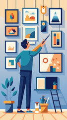 A man is painting a picture on a wall with a ladder. The painting is of a man holding a paintbrush. The man is wearing a black shirt and green pants