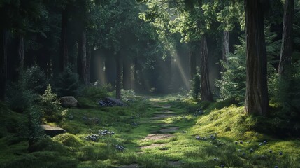 Obraz premium Panoramic wallpaper background of forest woods with mixed fir and spruce trees, lush moss, blueberries, and a sunbeam path
