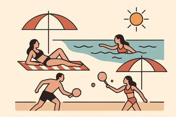 Summer Fun: Beachgoers Enjoying Sunbathing, Swimming, and Paddleball Games.