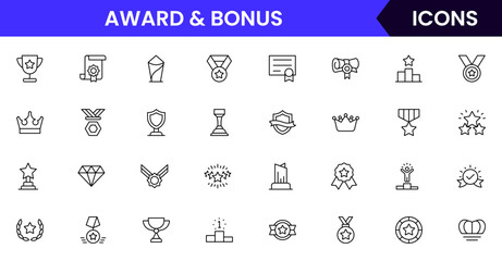 Awards vector web line icon collection, sleek illustrations of trophies, medals, and recognition symbols for celebratory and achievement designs.
