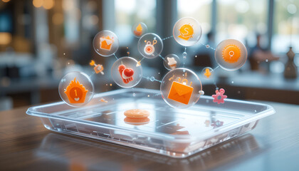 Futuristic smart dining table displaying digital holographic nutrition data above food dishes, AI-powered food analysis concept, healthy eating technology, modern kitchen environment, augmented realit