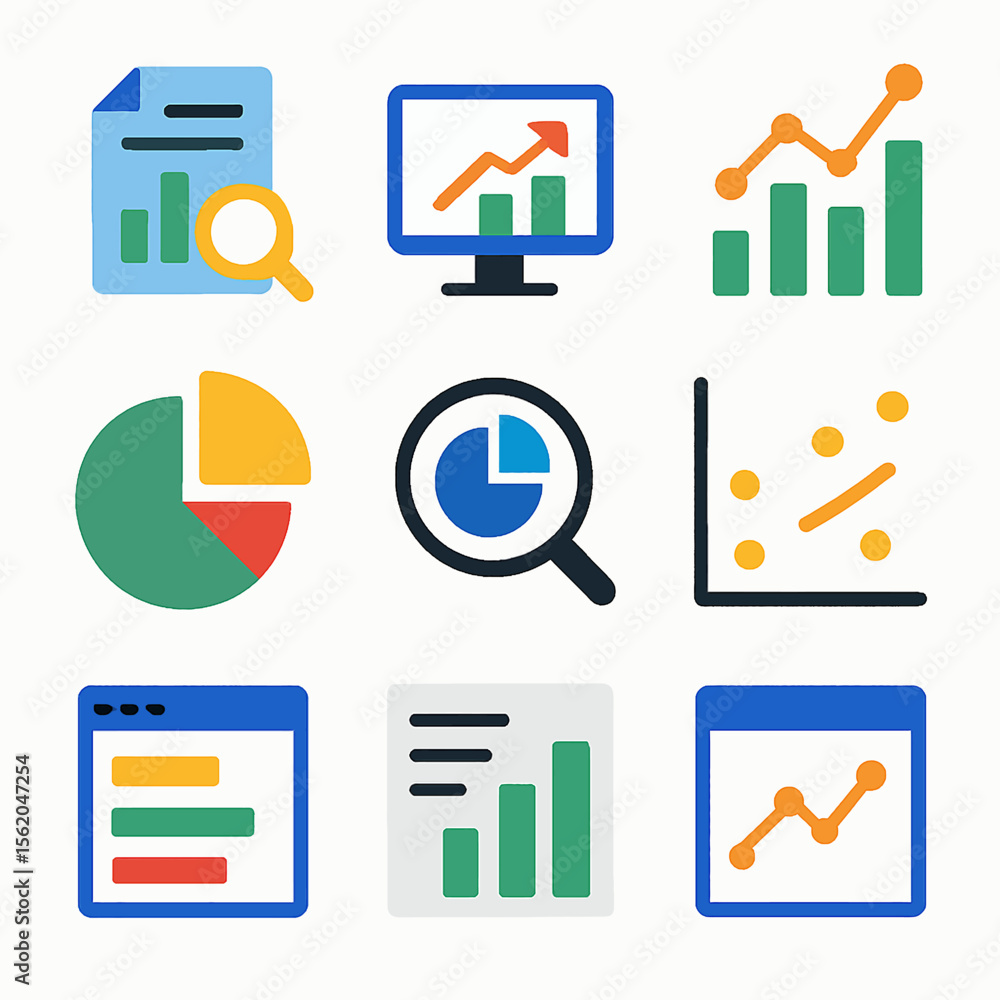 Poster a set of data analysis icons showcasing charts, graphs, and visual representations