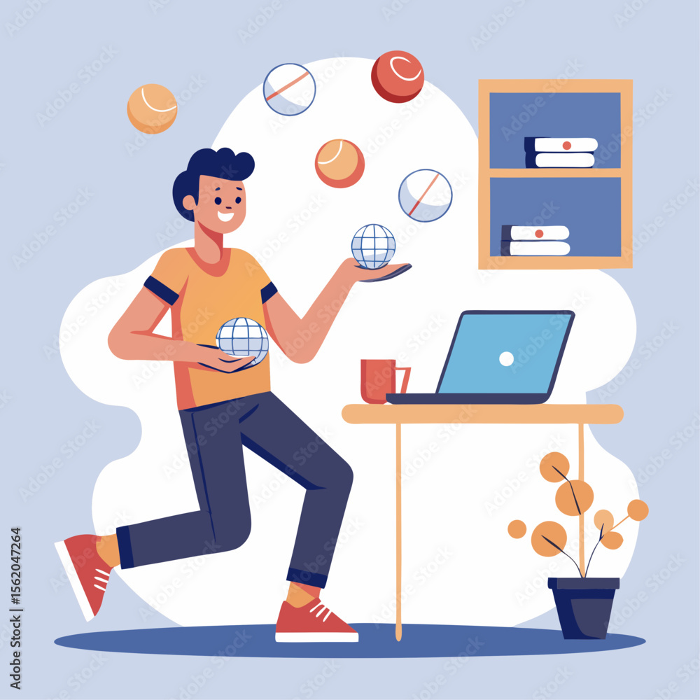 Poster a young man is sitting on the floor in front of a laptop, holding a ball in each hand. he is balanci