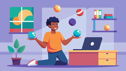 A young man is sitting on the floor in front of a laptop, holding a ball in each hand. He is balancing the balls on his head, and it appears that he is trying to keep them from falling