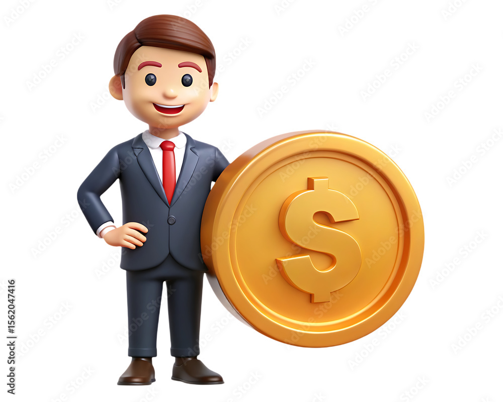 Poster smiling businessman standing next to a large golden dollar coin isolated on transparent background