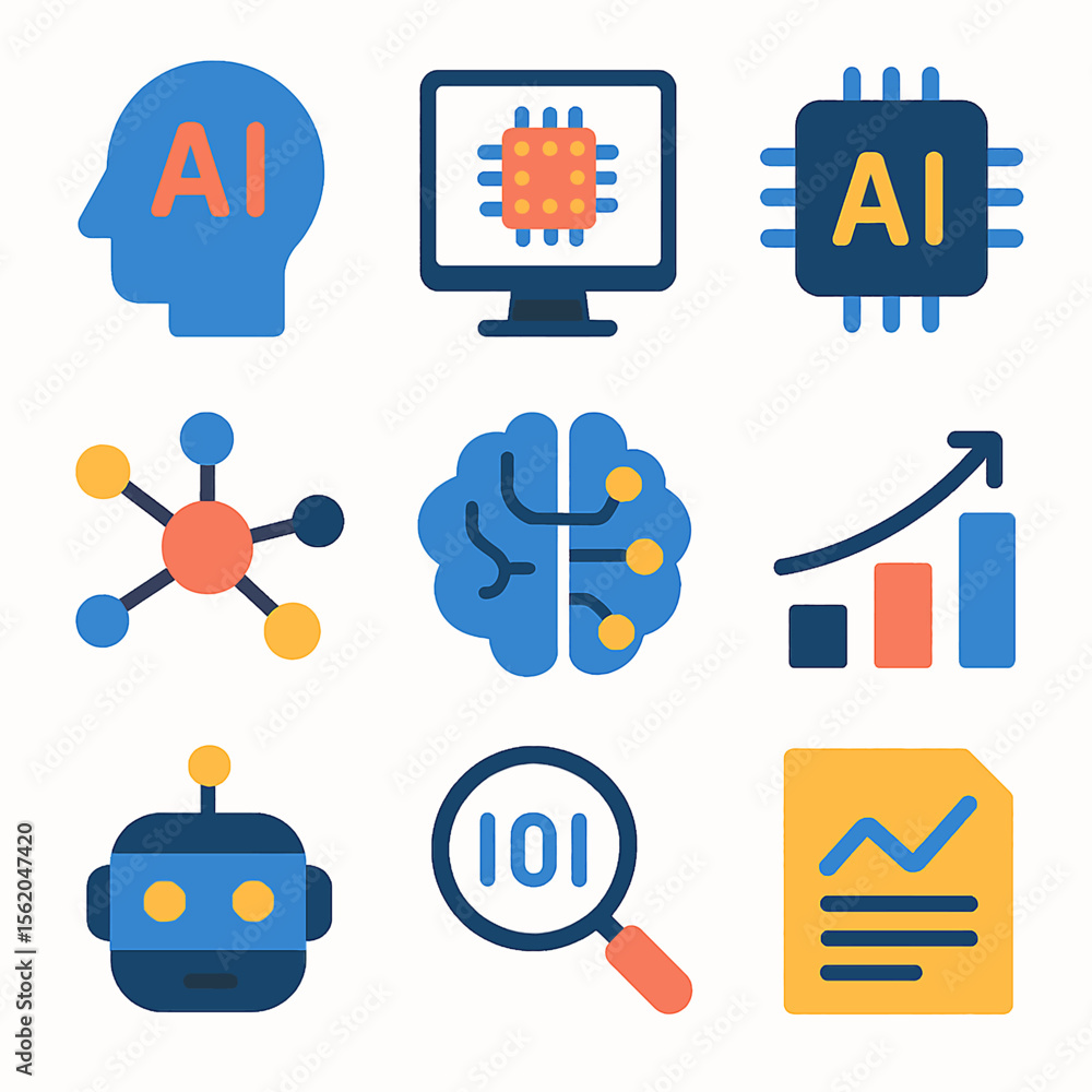 Poster ai technology icons representing artificial intelligence and machine learning concepts