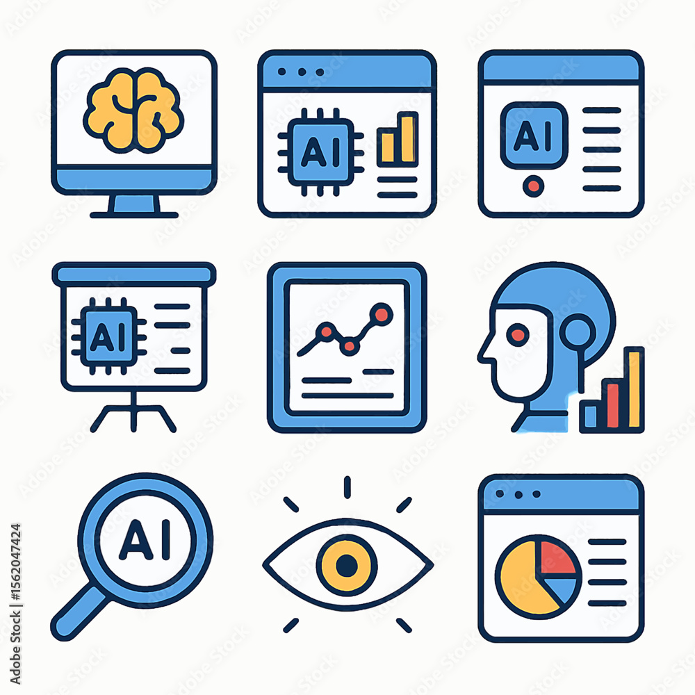 Poster ai technology vector icons showcase artificial intelligence and machine learning concepts