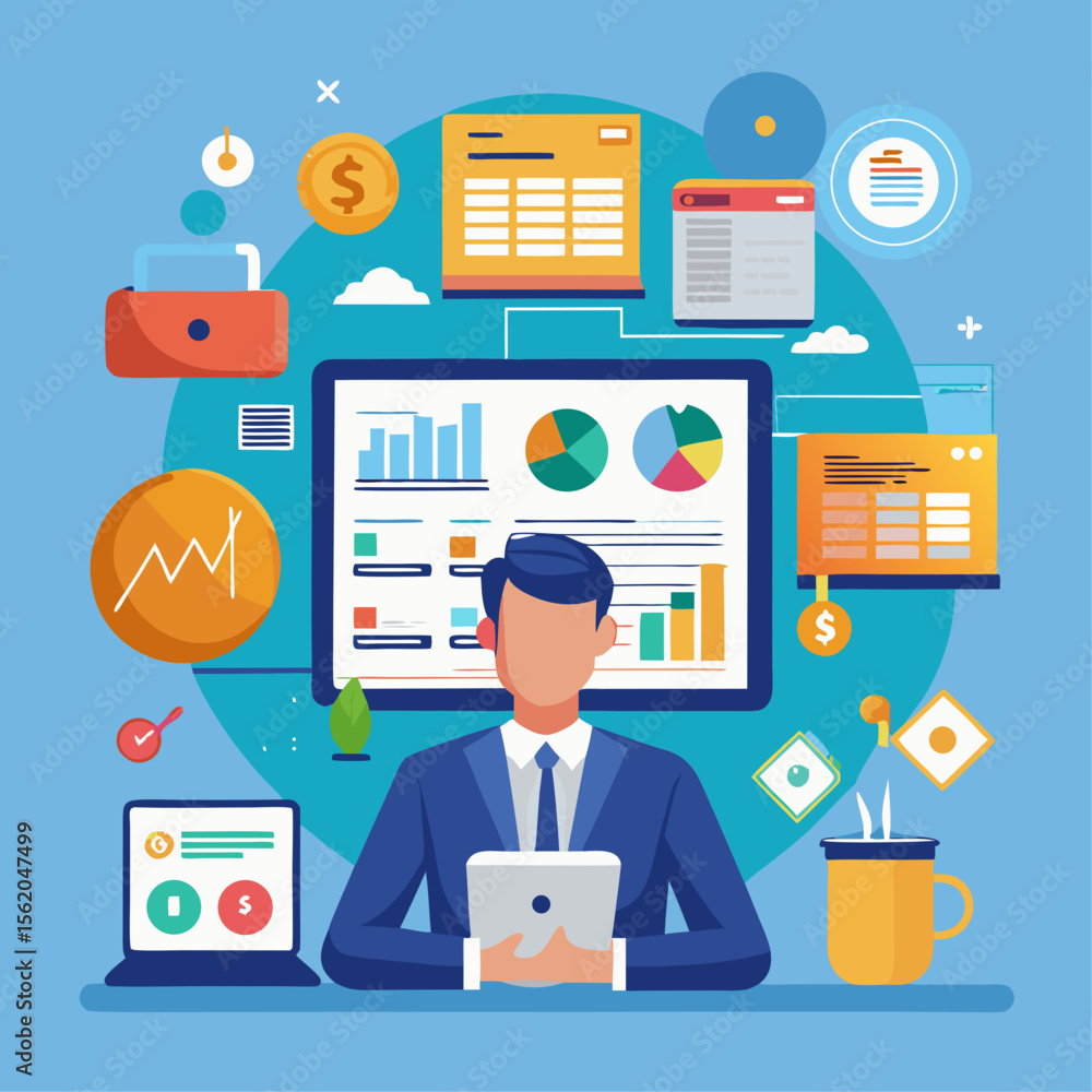 Poster a man is sitting at a desk with a laptop and tablet, surrounded by various icons and graphs. concept