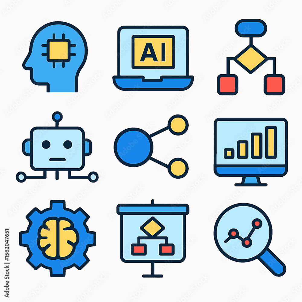 Poster artificial intelligence and machine learning icons represent modern technology
