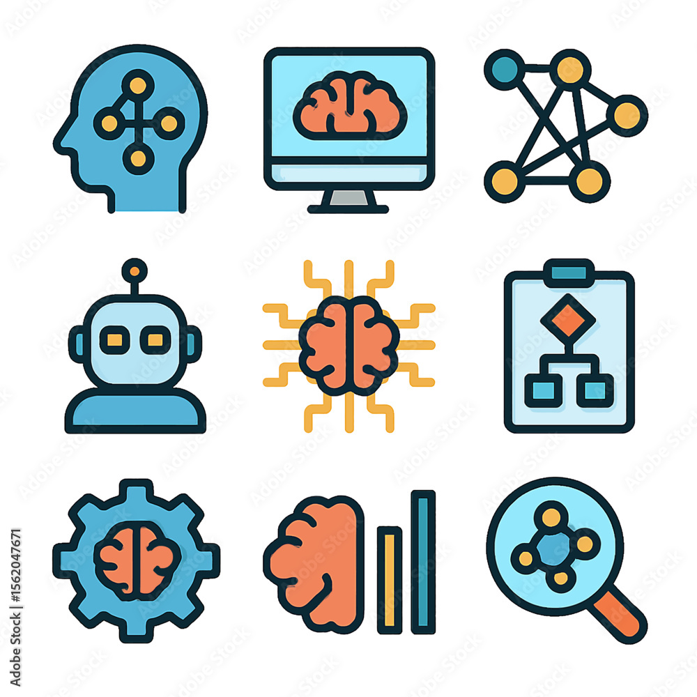 Poster artificial intelligence and machine learning vector icon set featuring brain and robot