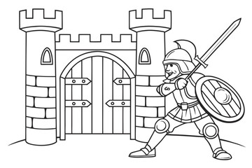 coloring book page, a brave knight in full armor with a sword and shield, standing guard in front of a castle gate, fantasy style, bold black and white line art, no color, white background