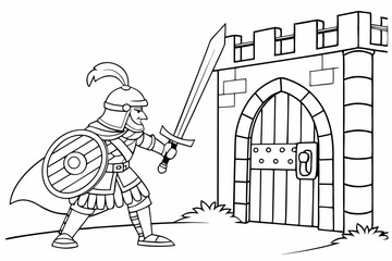 coloring book page, a brave knight in full armor with a sword and shield, standing guard in front of a castle gate, fantasy style, bold black and white line art, no color, white background