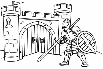 coloring book page, a brave knight in full armor with a sword and shield, standing guard in front of a castle gate, fantasy style, bold black and white line art, no color, white background