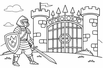 coloring book page, a brave knight in full armor with a sword and shield, standing guard in front of a castle gate, fantasy style, bold black and white line art, no color, white background