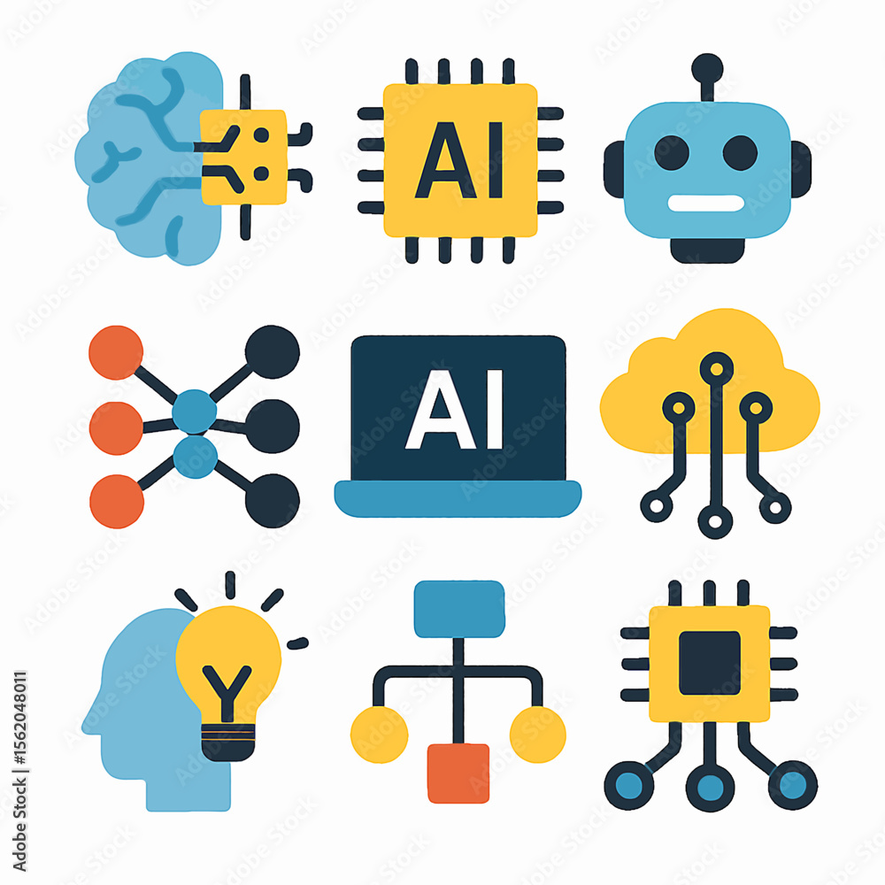 Poster artificial intelligence icons depicting brain, chip, robot, network and cloud computing