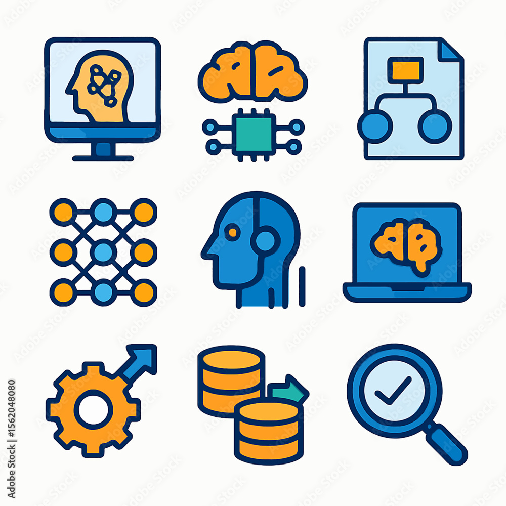 Poster artificial intelligence icons depicting machine learning and data analysis concepts