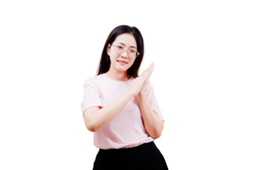 Asian Young beautiful woman with glasses smiling and clapping her hands, dressed in a casual pink shirt.
