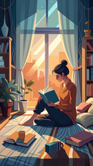 A woman is reading a book in a bedroom. The room is decorated with bookshelves and a potted plant