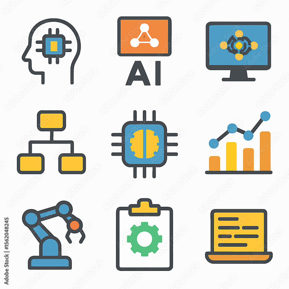 Poster artificial intelligence icons represent advanced technology and machine learning systems
