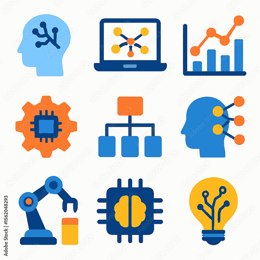 Poster artificial intelligence icons representing machine learning and automation concept