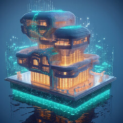 Ethereal Floating Opera House in Voxel Model Style – Dreamlike Architecture Art
