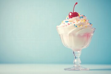 Delicious ice cream sundae topped with cherry and colorful sprinkles served in a glass cup on a light blue background