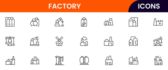 Factory vector web line icon collection, sleek illustrations of machinery, EV production, automation, and industrial tools for manufacturing designs.