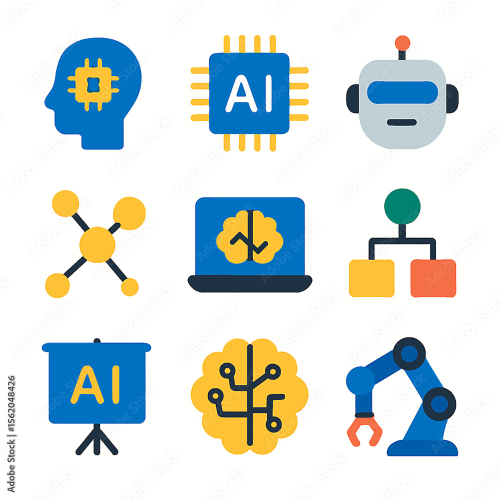 Aufkleber artificial intelligence icons set showcasing brain power and robotic technology solutions