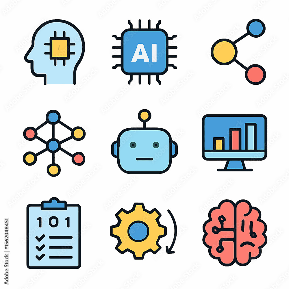 Poster artificial intelligence icons set vector design featuring machine learning and automation
