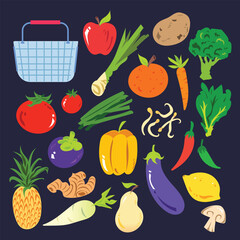 Grocery supermarket basket, fruits, and vegetables simple illustration set collection bundle. Green beans, mung bean sprouts, carrot, ginger, daikon, lemon, and other foods.