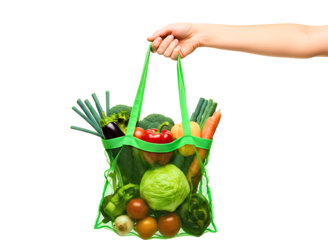 Hand holding a reusable green mesh bag filled with fresh vegetables