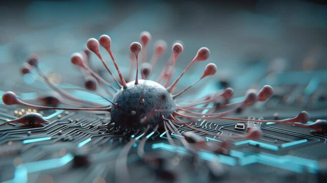 AI system cybersecurity platform concept featuring virus shaped electronic circuit on motherboard digital circuit board malware attack simulation