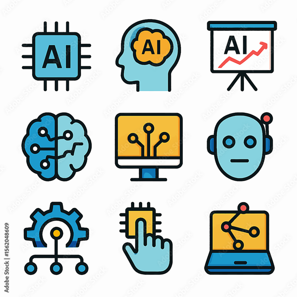 Poster artificial intelligence icons showcasing machine learning and neural networks