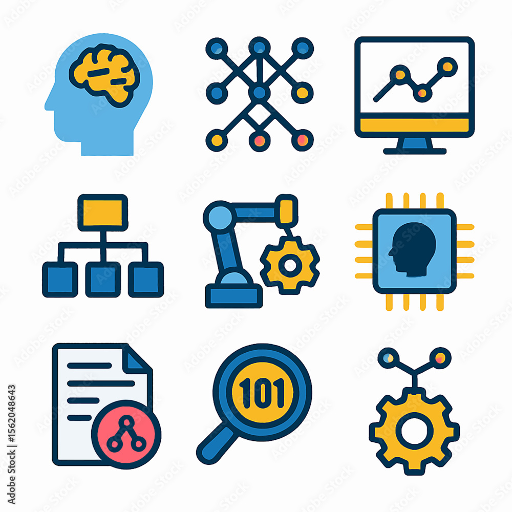 Poster artificial intelligence icons showcasing machine learning and data analysis process