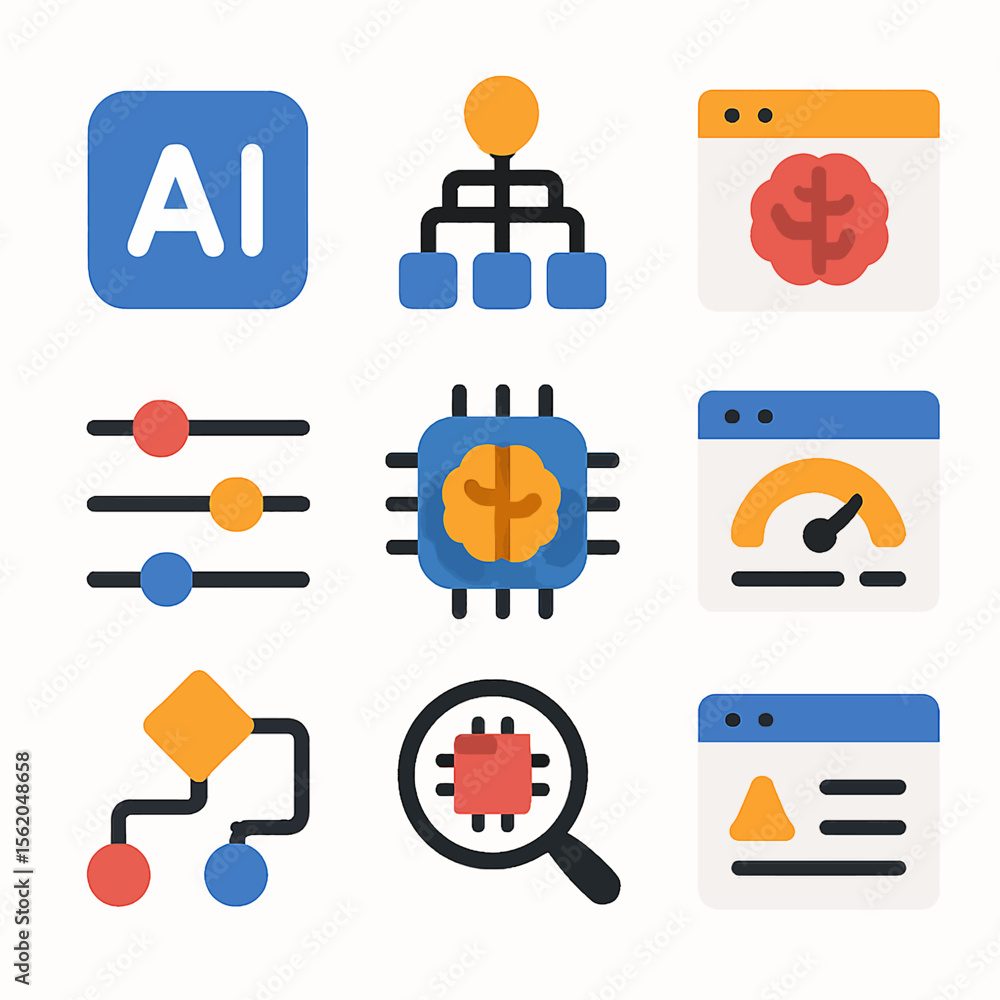 Poster Artificial intelligence process icons showcase algorithmic learning and automation