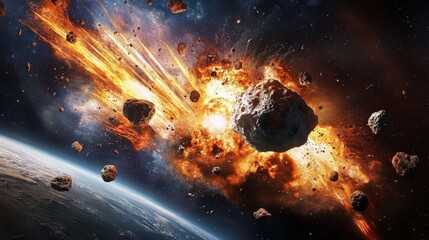 in an earth orbit- an asteroid and rocks and asteroids collide with something- explosion and fire and flames. ai generative
