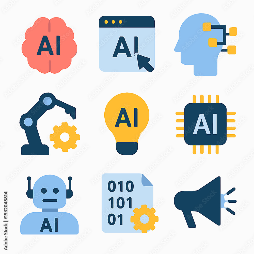 Poster artificial intelligence vector graphics featuring brain, robot, code, and technology icons