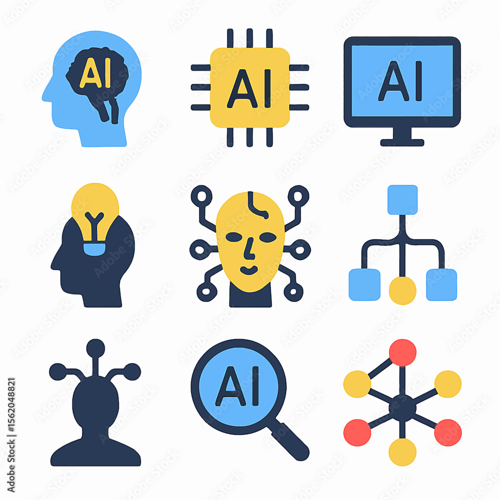 Poster artificial intelligence vector icons depicting brain, chip, computer and other ai concepts