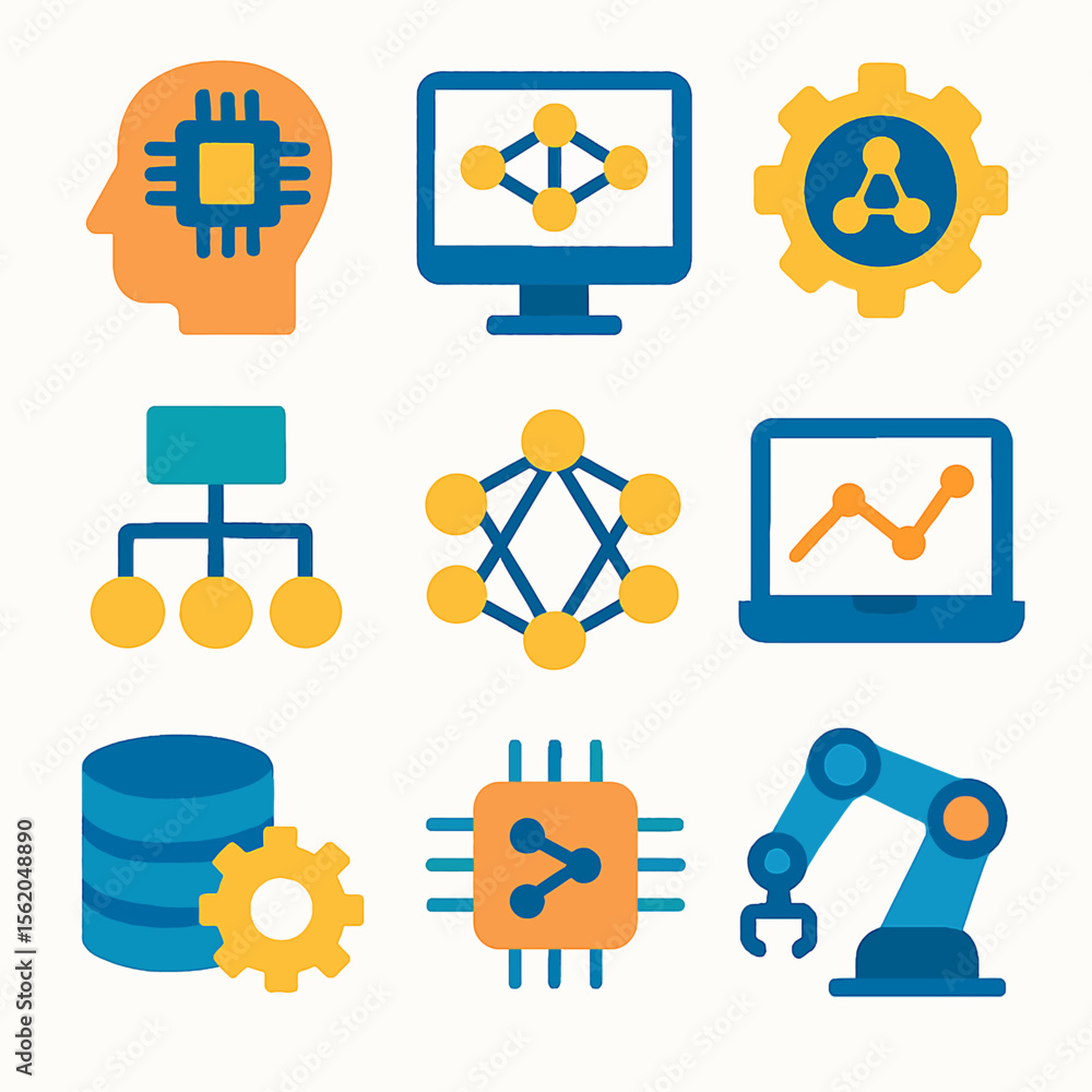 Poster artificial intelligence vector icons featuring neural networks and machine learning