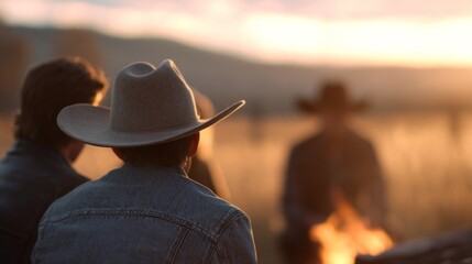 Family gathers by a campfire at sunset, wearing denim jackets and cowboy hats at a rustic ranch