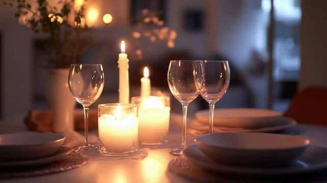 A beautifully set dinner table with candles, inviting an intimate evening gathering at home.