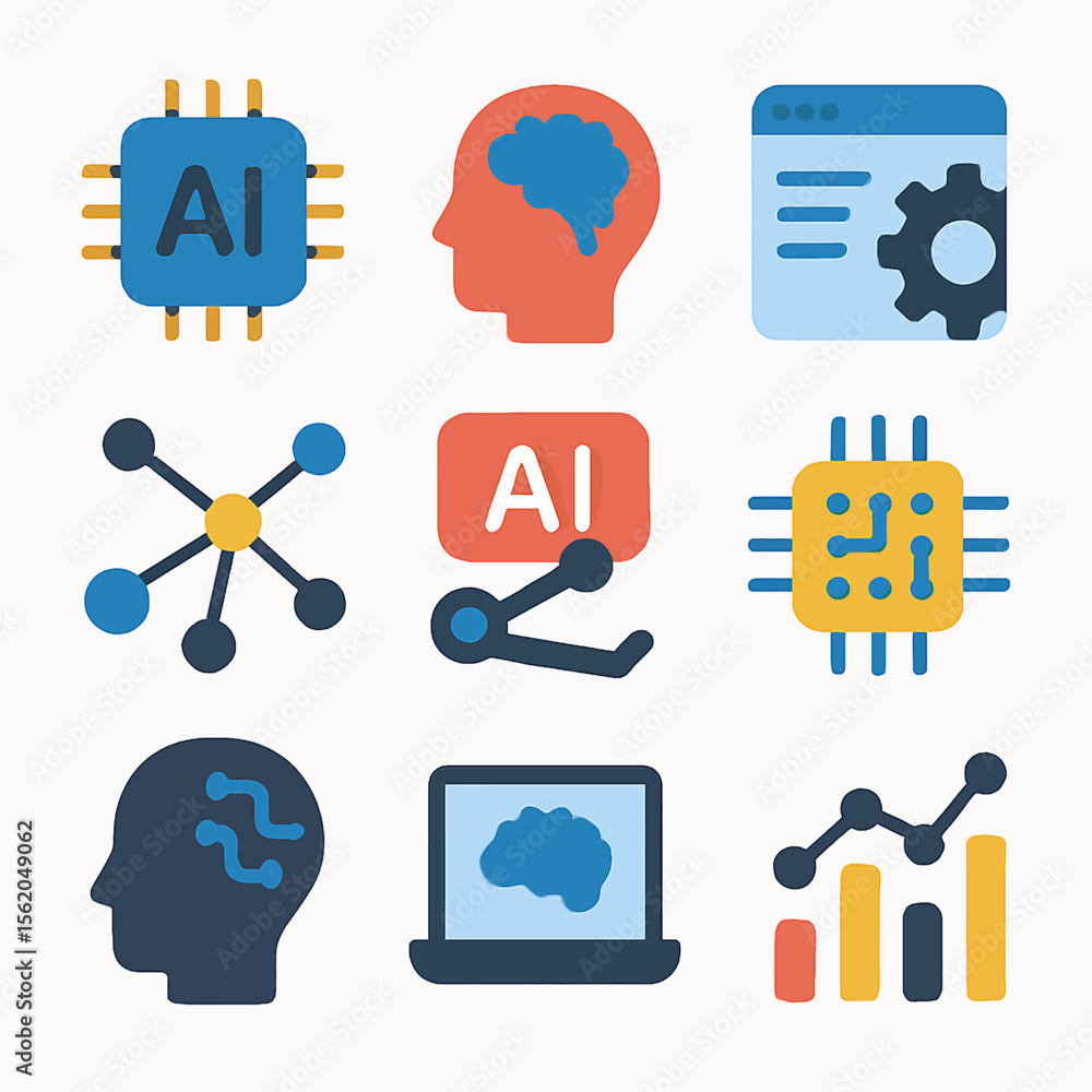 Poster artificial intelligence vector icons showcasing machine learning and data analysis