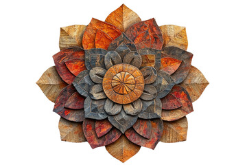 Intricate wooden flower mandala with layered petals in warm earthy tones. background removed