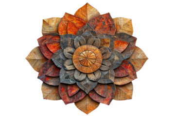 Intricate wooden flower mandala with layered petals in warm earthy tones. background removed
