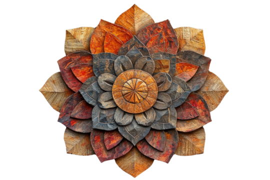 Intricate wooden flower mandala with layered petals in warm earthy tones. background removed