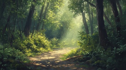 Obraz premium Path through a sunlit forest surrounded by lush greenery