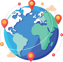Global map with location pins and connecting lines representing travel or delivery routes