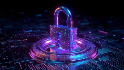 Futuristic digital padlock glowing in neon lights over a cyber circuit board, symbolizing cybersecurity and data protection. Concept of online security, encryption and digital defense
- Powered by Adobe