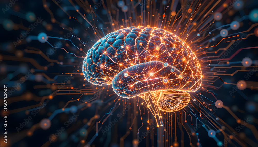 Poster neural network concept art showcases an illuminated brain with glowing nodes and digital connections