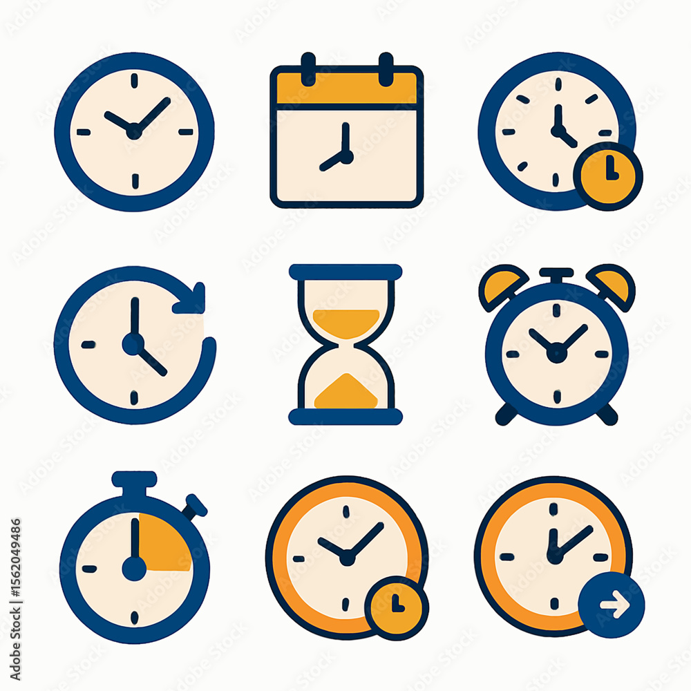 Poster assorted time keeping devices featuring clocks calendar hourglass and alarm clock icons